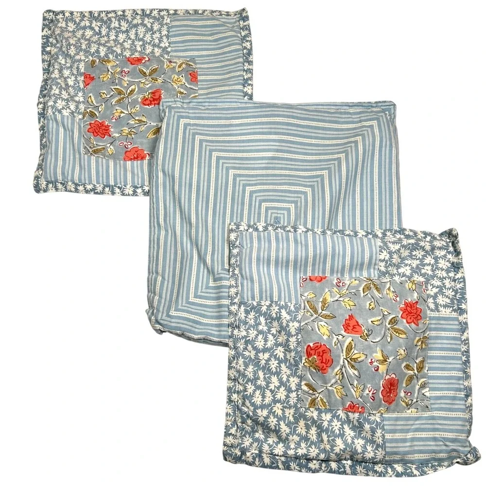 Lot 3 Laura Ashley Lifestyles Pillow Shams Cases Blue White Stripes Floral Poppy